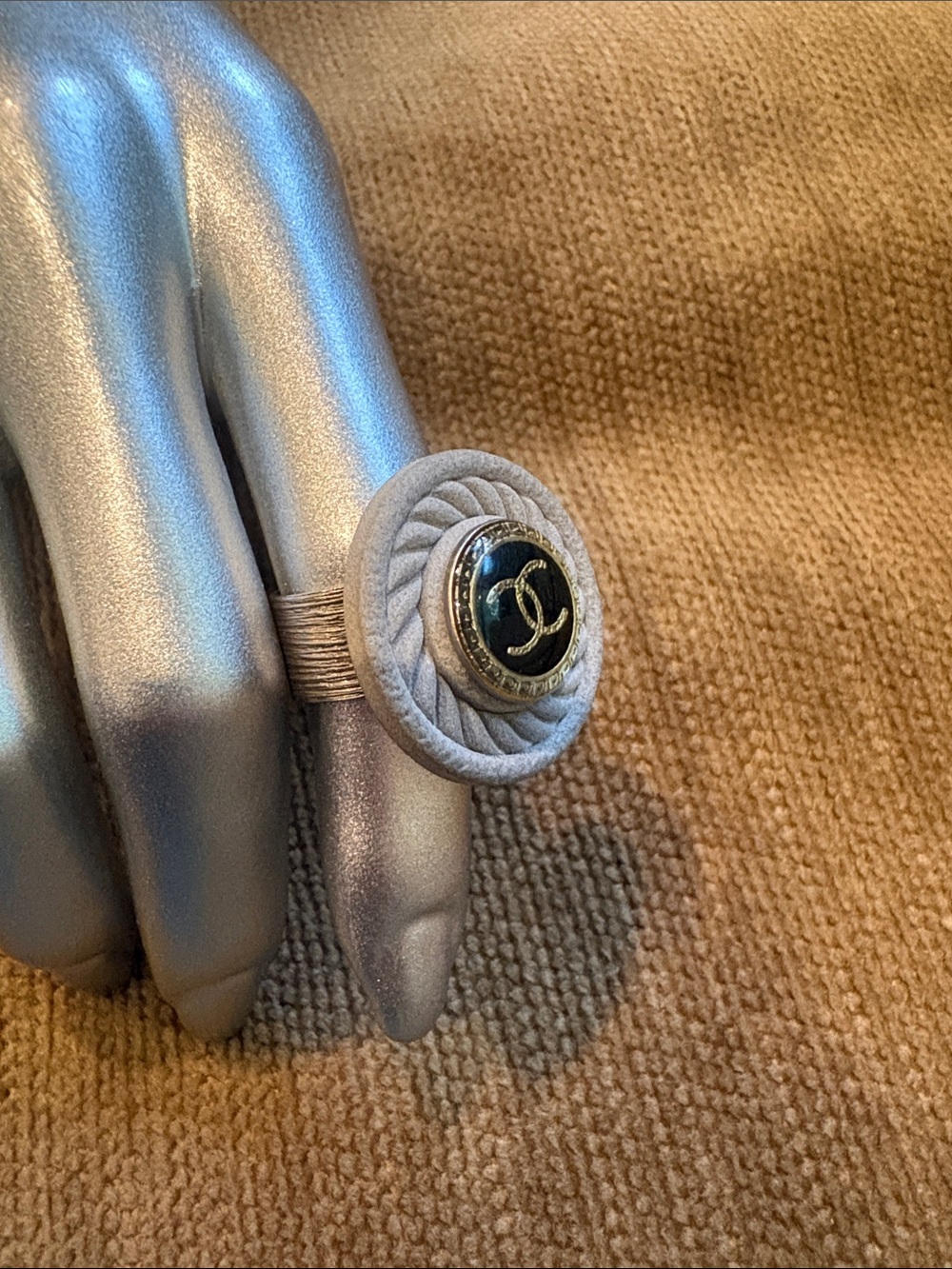 Chanel-Inspired Black and Gold Button Ring with Gray Fabric Accent